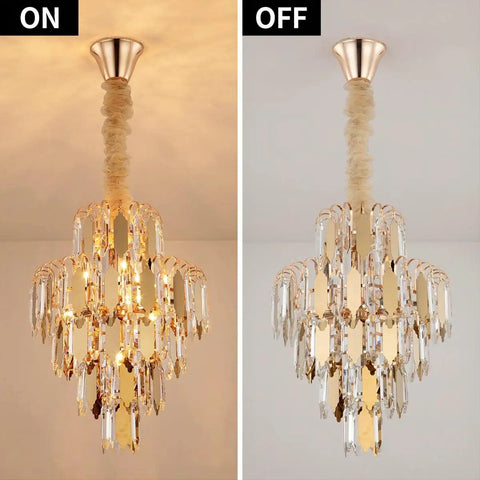 Lit Gold Finish Modern Crystal Chandelier, 5-Tier 7-Light Round Pendant Ceiling Light, shown on and off, 15.7 Inch Diameter