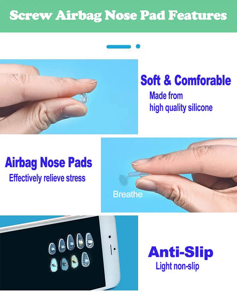 Buttery Soft Air Chamber Silicone Nose Pads For Glasses Sunglasses Replacement Kit With Mini Screwdriver And Spare Screws showing features like anti-slip design and soft silicone material.