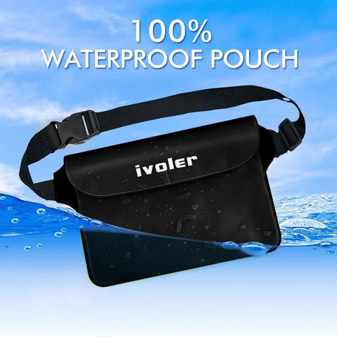 Two Pack Waterproof Fanny Pack And Phone Pouch Dry Bag Set for Passport Phone and Wallet floating on water, black color.