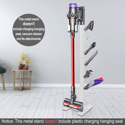 White Metal Storage Stand For Cordless Vacuum Cleaners With Six Hooks No Fuss Freestanding Docking Station Holder holding attachments