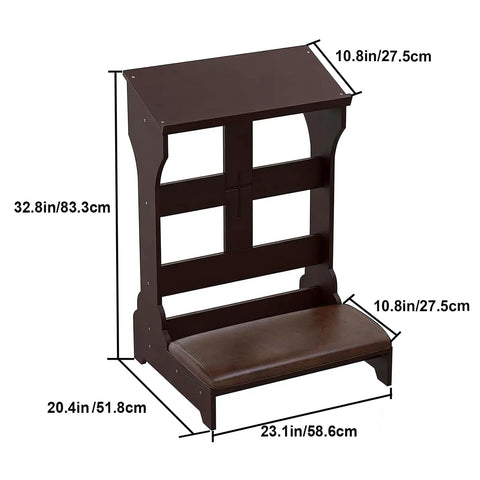 Foldable Wooden Prayer Kneeler With Padded Cushion, Portable Brown Kneeling Bench, Solid Wood Stand Measuring 23 By 20 Inches And 36 Inches High, Slanted Tabletop For Less Strain, Lightweight Go To Foldaway Bench with dimensions.