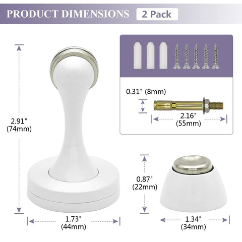Keep Doors Open With Heavy Duty Magnetic Door Stops White Wall And Floor Mount Set Stainless Steel Construction Weatherproof And Rust Resistant Magnetic Door Catch Keeps Doors Propped In Breezy Weather 2 Pack dimensions illustration with screws and anchors