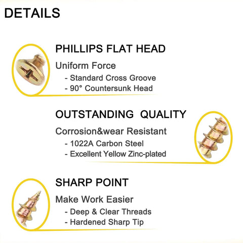 DIY Ready Wood Screws Kit 270 Pc Set With Anchors 8 Sizes Flat Head Phillips Drywall Screws Zinc Plated Yellow High Hardness Carbon Steel Handy Home Improvement Must Have For Any Project details: flat head, sharp tip, zinc-plated carbon steel