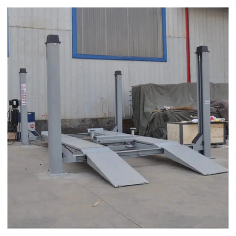 Professional Grade Heavy Duty Four Post Car Lift Featuring Steel Wire Rope Hoist System And Seven Thousand Pound Capacity Built Like A Tank For The Daily Grind with gray steel frame.