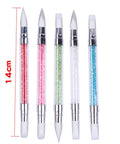 5 Piece Nail Art Sculpture Pen Set Dual Tip Silicone Tools for 3D Design, 14cm, transparent handle with colored crystals.