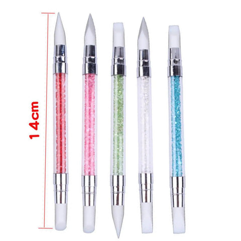 5 Piece Nail Art Sculpture Pen Set Dual Tip Silicone Tools for 3D Design, 14cm, transparent handle with colored crystals.