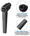 Close-up of 4 Piece Set Of Adjustable Clamping Levers With M5 Female Thread Level Handles Hand Knobs Quick Release Black for milling machines.
