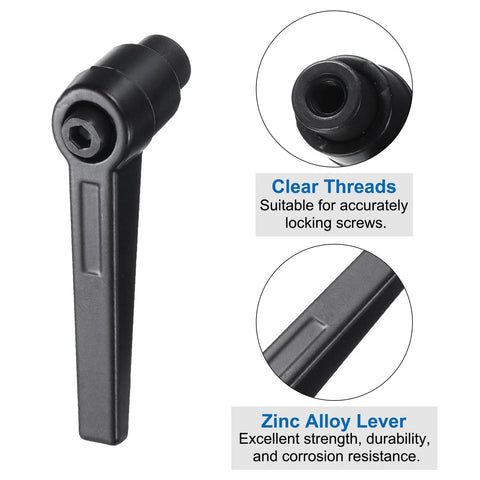 Close-up of 4 Piece Set Of Adjustable Clamping Levers With M5 Female Thread Level Handles Hand Knobs Quick Release Black for milling machines.
