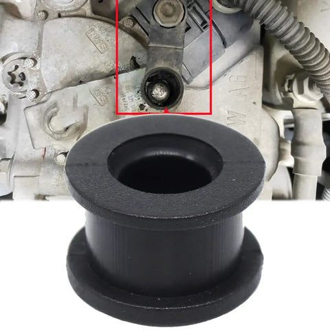 Automatic Transmission Shift Cable Bushing Repair Kit For VW Polo Classic Jetta Golf Passat And Audi A3 S3 TT TTS Seat Altea Leon Toledo Skoda Cars DIY Friendly Install Weather Resistant Rubber Durable Performance showing black rubber bushing close-up with engine background.