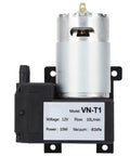 Front view of VN-T1 12V miniature DC vacuum pump with black plastic housing and metal motor, 10L/min