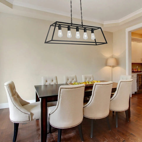 Modern Black Farmhouse Kitchen Island Light Chandelier With Industrial Open Frame 5 Light Ceiling Fixture for Dining Room