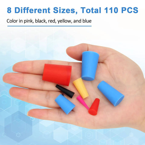 Hand displaying Pro Grade Heavy Duty All Purpose High Temp Silicone Rubber Tapered Plugs Kit 110 Piece Set With 8 Sizes