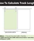 Diagram showing how to calculate track length for sliding barn doors with a formula and measurements for one door width and opening.