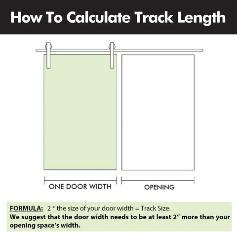 Diagram showing how to calculate track length for Black Rustic Non-Bypass Sliding Barn Door Hardware Kit For One Door, 8Ft Long.