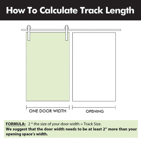 Diagram showing how to calculate track length for Black Rustic Sliding Barn Door Hardware Kit For One Door With 14ft Flat Track.