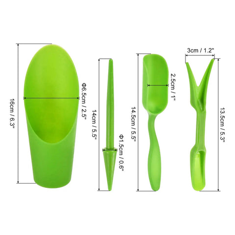 Green Garden Shovel Tool Set For Planting And Transplanting Tiny Plants And Succulents Digging Scoops Kit sizes displayed