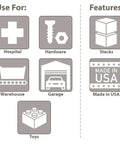 Icons showing uses and features of a storage container: hospital, hardware, warehouse, garage, toys, stackable, made in USA.