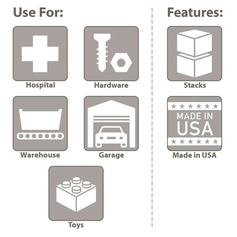 Icons showing uses and features of a storage container: hospital, hardware, warehouse, garage, toys, stackable, made in USA.
