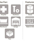 Infographic showing uses and features of Eight Pack Stackable Plastic Slotted Modu Box for Grid Storage and Transport Rugged Dividable Totes.