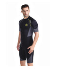 Model wearing Men's 1.5mm Back Zip Shorty Neoprene Wetsuit Premium Dope Quality for spearfishing and water sports