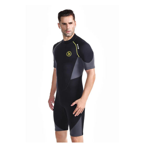 Model wearing Men's 1.5mm Back Zip Shorty Neoprene Wetsuit Premium Dope Quality for spearfishing and water sports
