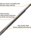 Rotary Hammer Drill Chisel Set With Six Pieces For Tile Masonry Concrete Brick Stone Work Includes Tile Grooving Scraping Flat Point And Scaling Chisels Designed For SDS Plus Drills Premium Chromium Vanadium Steel Durable And Tough showing single high quality steel chisel with labels for compatibility, surface finish, and durability.