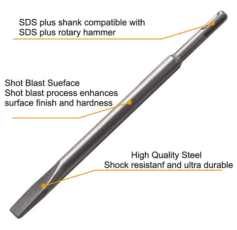 Rotary Hammer Drill Chisel Set With Six Pieces For Tile Masonry Concrete Brick Stone Work Includes Tile Grooving Scraping Flat Point And Scaling Chisels Designed For SDS Plus Drills Premium Chromium Vanadium Steel Durable And Tough showing single high quality steel chisel with labels for compatibility, surface finish, and durability.