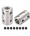 Rock Solid Stainless Steel Rigid Shaft Coupling Set Screw Connector Fits 6Mm To 8Mm Bore For Cnc Machines And 3D Printers Two Pack showing two couplings and screws.