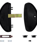 Black Sliding Screen Door Latch And Pull For Hat Section Doors Non Handed Mortise Latch Assembly with screws, strike, and parts.