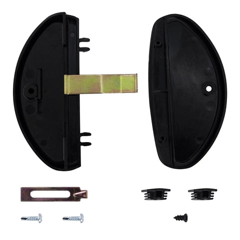 Black Sliding Screen Door Latch And Pull For Hat Section Doors Non Handed Mortise Latch Assembly with screws, strike, and parts.