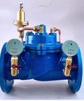 4 Inch Pilot Operated Pressure Relief Valve DN100 PN16 Flanged Ductile Iron Safety Valve For Industrial Water Systems With Precise Pressure Regulation And Heavy Duty QT450 Beefy Body, blue flanged valve front view