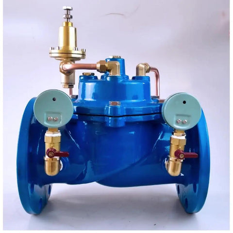 4 Inch Pilot Operated Pressure Relief Valve DN100 PN16 Flanged Ductile Iron Safety Valve For Industrial Water Systems With Precise Pressure Regulation And Heavy Duty QT450 Beefy Body, blue flanged valve front view