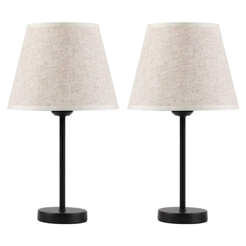 Cozy Two Pack Space Saving Bedside Table Lamps With Fabric Shade, 15 Inch Nightstand Lamps, Black Finish