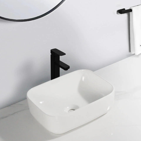 USZWBY Vessel Sinks Household Small Size Square Rounded White Countertop Ceramic Basin Bathroom Kitchen Sink Vegetable Bathroom Bowl Sink with black faucet