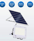 Heavy Duty Double Head Solar Flood Lighting With Remote And IP67 Waterproof Shield For Badass Yard Security and full solar panel view.