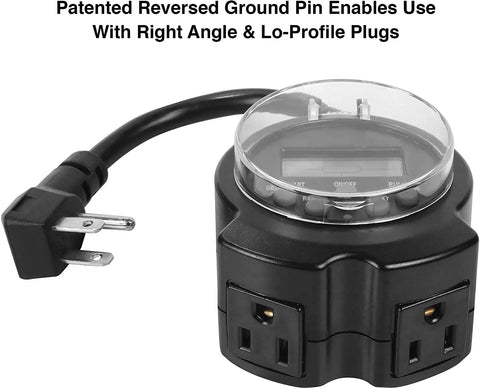 All Season Dual Grounded Outlets Outdoor Digital Timer With Six Inch Cord Plug And Play Simple Three Button Setup For Christmas Lights And Led Decor No Sweat, showing dual outlets and a 6-inch cord.