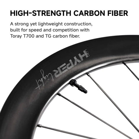 Close-up of Hyper Light 700C Carbon Road Bike Wheel Set Ultralight 1280g showing rim, disc brake clincher, tubeless ready design.