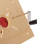 Heavy Duty Router Lifter System Kit With Crank Handle For Small Router Tables Bringing Dead On Accuracy And Smooth Adjustment Plate close-up of crank handle and height adjustment mechanism.