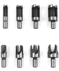 8 Pack Plug Cutter Drill Bit Set With Straight And Tapered Cutters For DIY Woodworking Projects Four Sizes Hex Shank Black Finish Displayed