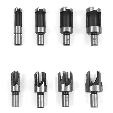8 Pack Plug Cutter Drill Bit Set With Straight And Tapered Cutters For DIY Woodworking Projects Four Sizes Hex Shank Black Finish Displayed