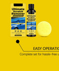 No Hassle Auto Scratch Remover And Swirl Polish Kit Safe For Every Paint Color, includes bottle and yellow applicator pad.