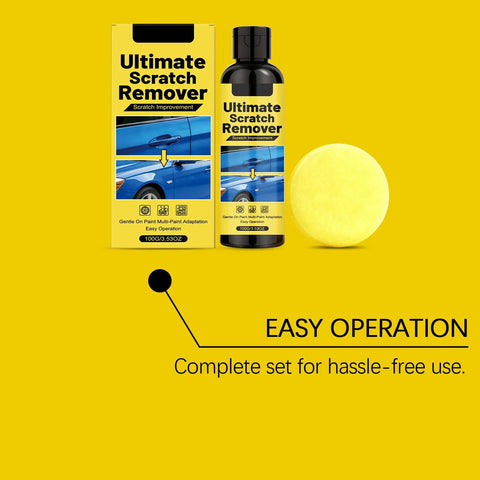 No Hassle Auto Scratch Remover And Swirl Polish Kit Safe For Every Paint Color, includes bottle and yellow applicator pad.
