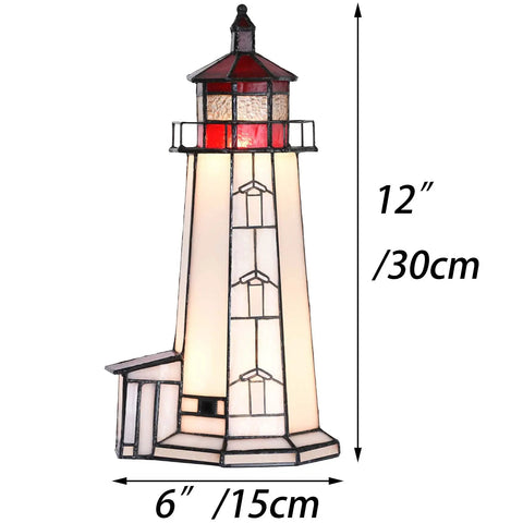 Peggy's Cove Lighthouse Tiffany Style Stained Glass Accent Table Lamp Night Light for Home Decor 6 By 6 By 12 Inches Red With LED Bulbs