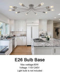 Dope 10 Light Sputnik Ceiling Light Fixture In Brushed Nickel Semi Flush Mount illuminates modern kitchen, E26 bulb base visible