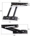 Two Pack Coffee Table Lift Hinge Set With Premium Hydraulic Rod showing dimensions and foldable design
