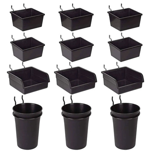 Front view of Pegboard Bins And Hooks Set For Garage And Workshop Organization No Fuss 12 Pack Pegboard Cups With Hooks And Loops