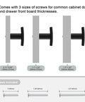 Matte Black Zinc Alloy Cabinet Handles 10 Pack Single Hole T Bar Drawer Pulls showing three screw sizes for various thicknesses.