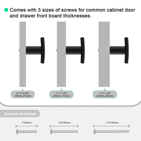 Matte Black Zinc Alloy Cabinet Handles 10 Pack Single Hole T Bar Drawer Pulls showing three screw sizes for various thicknesses.