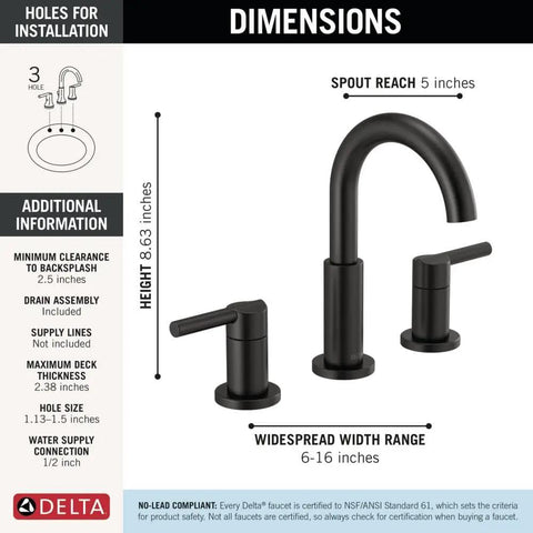 Matte Black 8 Inch Widespread Bathroom Faucet, 3 Hole Vanity Sink Faucet With Push-Pop Drain Assembly dimensions and specs