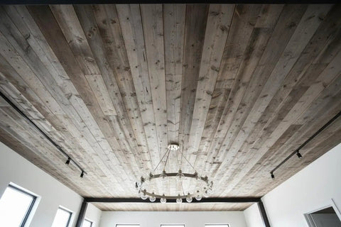 Interior ceiling featuring straight up heavy duty reactive water based interior wood stain in driftwood tone, 55 gallon tub design.